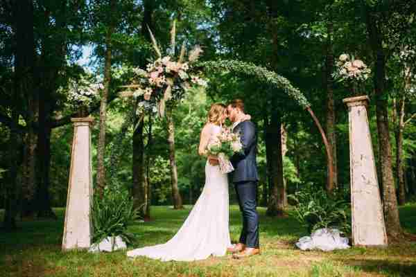 Wedding arch with bride and groom