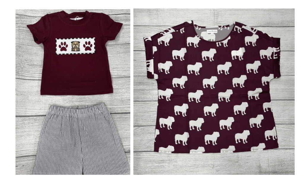 Maroon and white bulldog kids clothes from Book Mart & Cafe